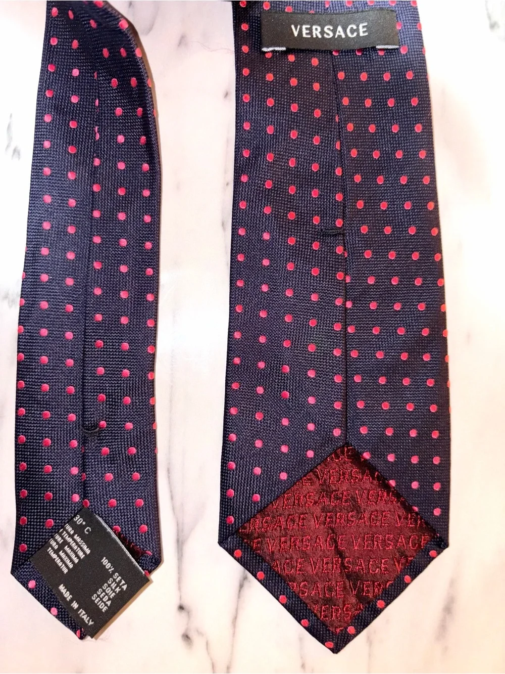 Versace Medusa Navy Red Polka Dot 100% Silk Tie Made in Italy Luxury
